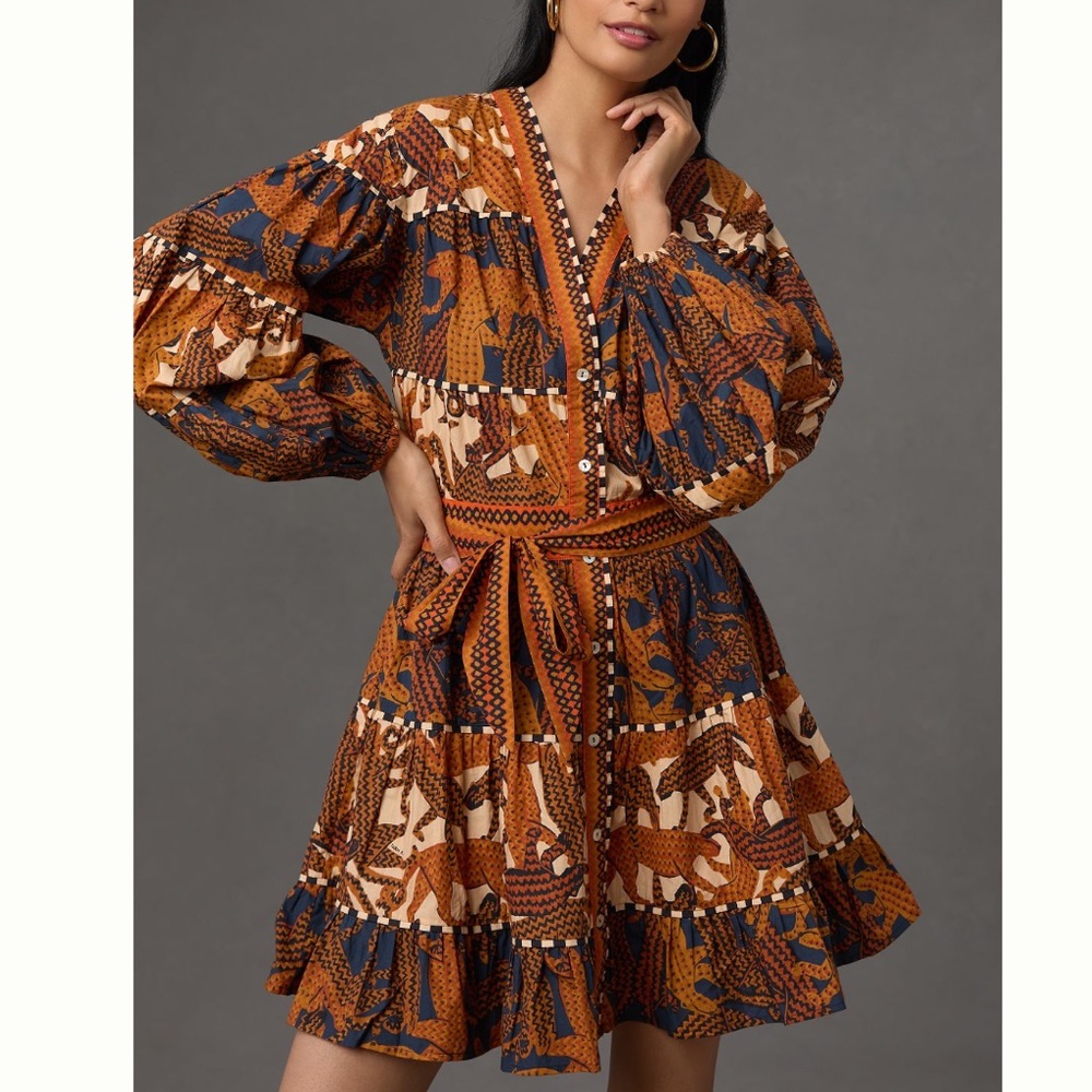 NEW NWT Anthropologie Farm Rio long sleeve V neck button down belt dress size S